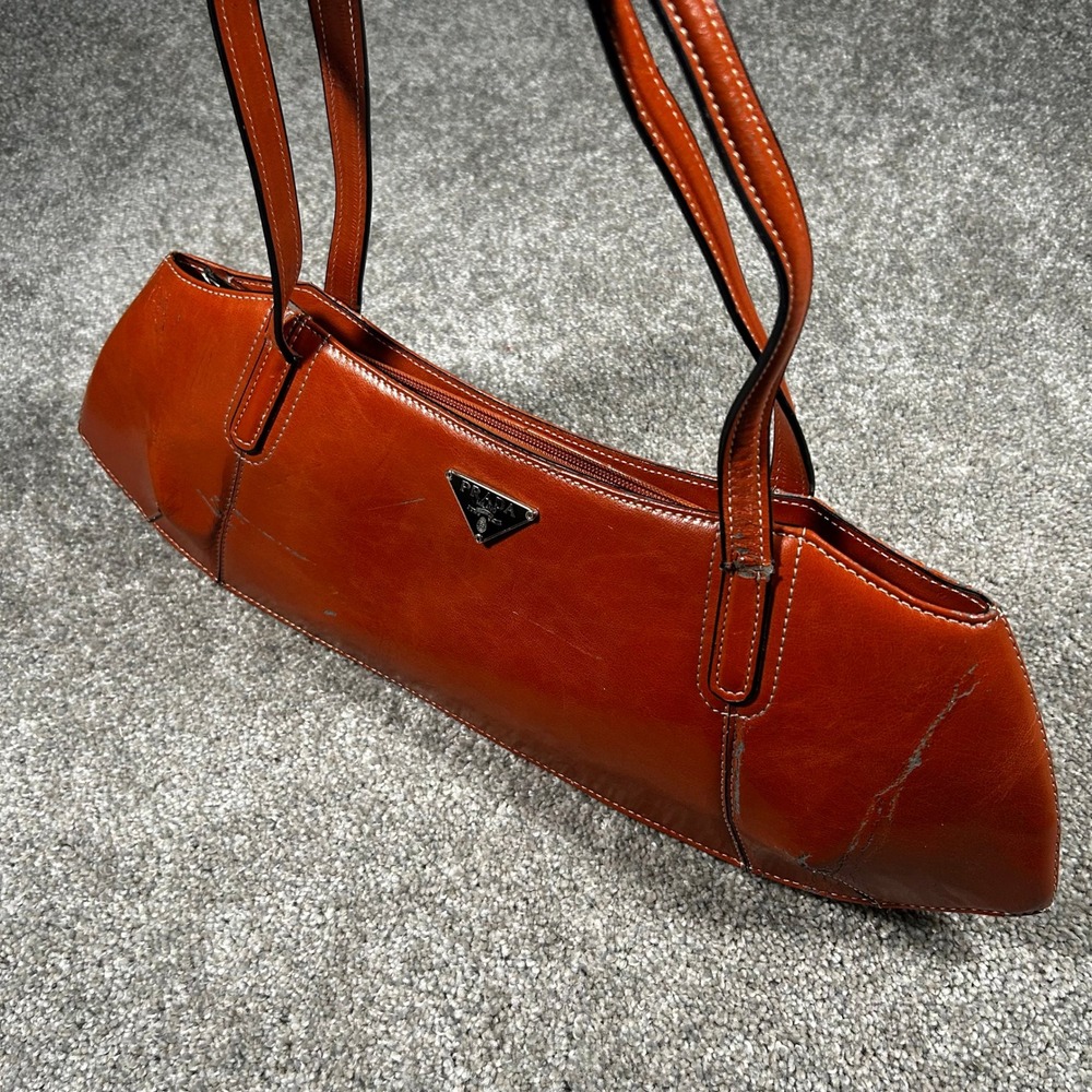 Prada Vintage Glazed Leather Shoulder Bag Burnt Orange Baguette Triangle Logo - Picture 4 of 8